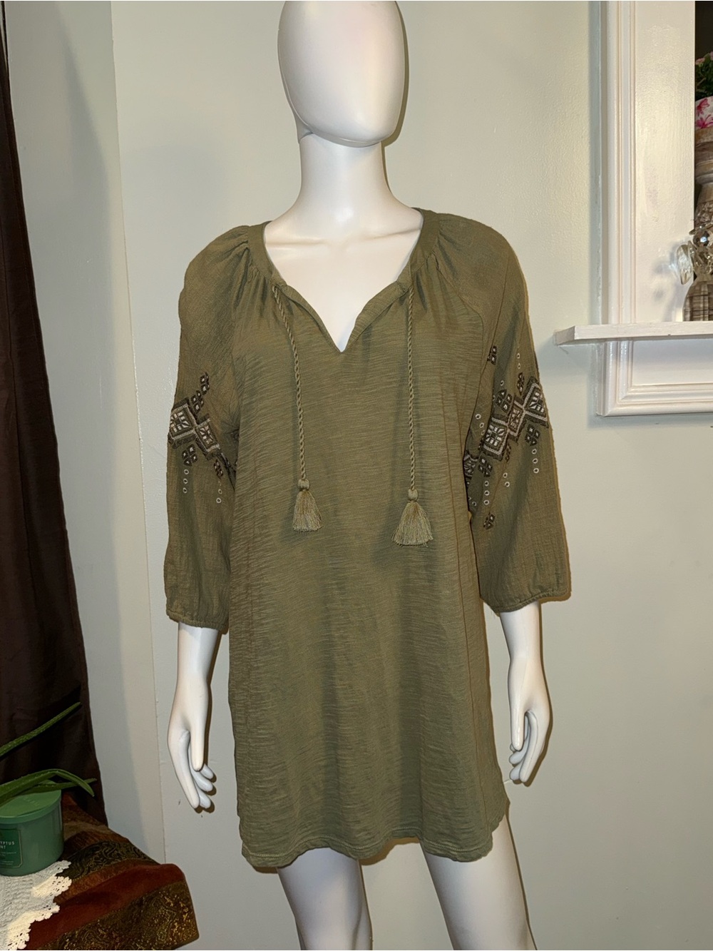 J. Jill Olive Green Embroidered Tassel Peasant Tunic